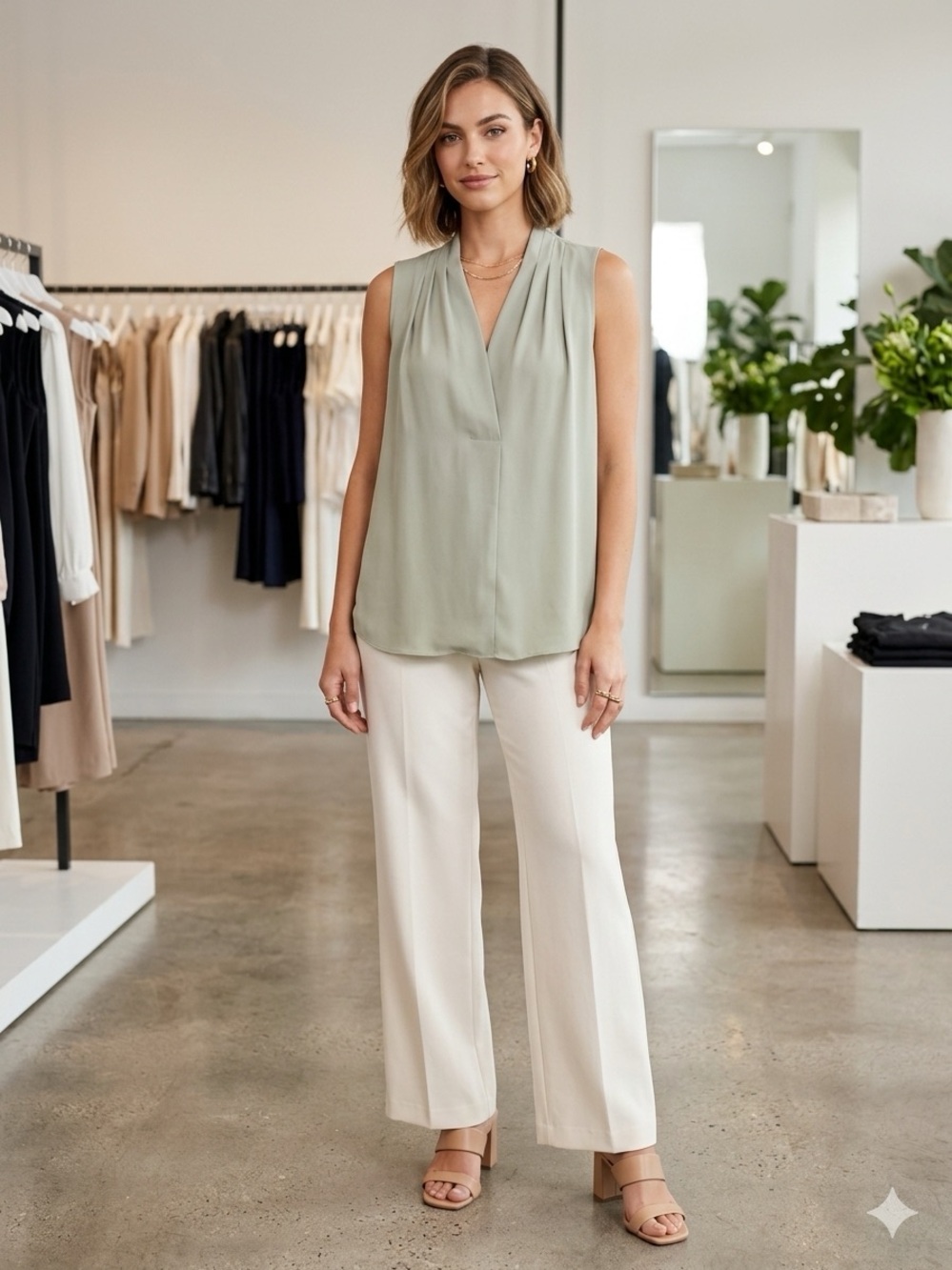 White House Black Market Sleeveless V-Neck Blouse in Sage Green NWT Size XL